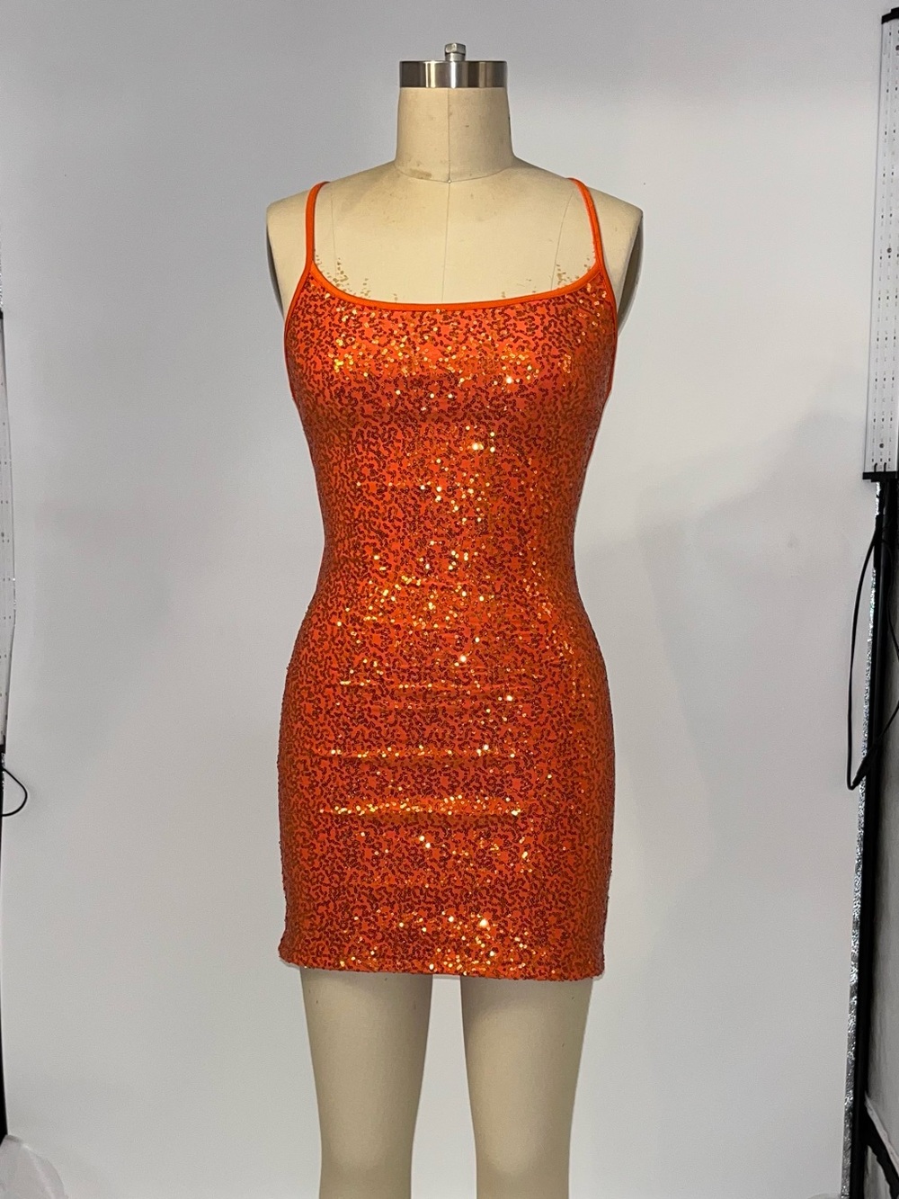 Orange Sequin Spaghetti-Strap Mini Dress